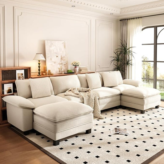PHI VILLA Cloud Modular Couch Sets, 157.5" Oversized Sectional Sofa with U-Shaped Chaise, 6-Seater Couches with Movable Ottomans for Living Room, Chenille Beige