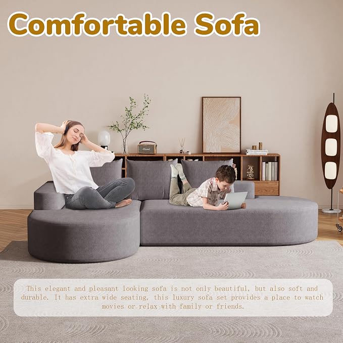 109" Modern Modular Curved L-Shaped Sofa, Chenille Upholstered Sectional Couch Set with 3 Pillows,Free Combination Sofa for Living Room (Grey, 108.5" Right Lounge)