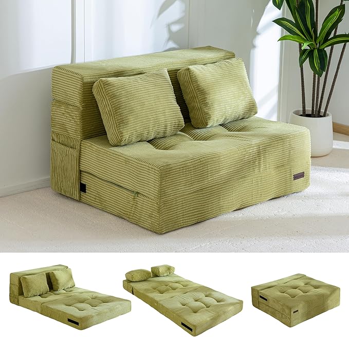 MAXYOYO Convertible Sofa Bed, Fold Out Sofa Couch with Pillow, 4 in 1 Tufted Folding Couch Bed Foam Floor Couch, Lazy Chair for Living Room Bedroom Guest Room, Green