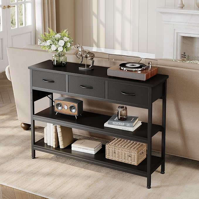 Lulive Entryway Table with Outlets, 3 Fabric Drawers, 43 in Console Table | 43.3"W x 11.8"D entry table with 2 outlets, 2 USB ports, swappable plug side, adjustable feet and anti-tip kit.