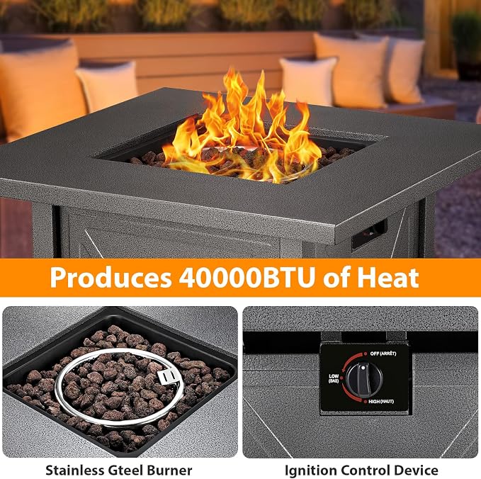 Electactic Fire Pit Propane Smokeless Outdoor Fire Pit Table Patio Outside with Lava Rocks,2-in-1 40000BTU Firepit Table 28" with Lid and Cover for Garden Backeyard Deck Balcony(Black)