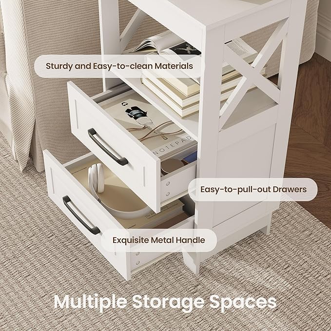 Tall Nightstand Set of 2 Side Table with 2 Drawers Modern Night Stand Wooden End Table Bedside Table with Upper Open Shelf Solid Feet for Bedroom, White
