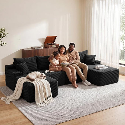 Mangodan 118'' Cloud Sectional Couch, U Shaped Boneless Couches for Living Room, Modular Sectional Sofa with Deep Seat Right Facing Chaise, Comfy Cloud Couch Sofa, Black