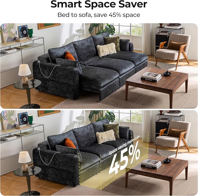 103" Electric Pull Out Sleeper Sofa Bed, 2in1 Convertible Power Extendable Couch Bed with Fast Charging USB&3 Smart Motor&Wide Back, Oversized Couches for Living Room&Small Space, Velvet Dark Grey