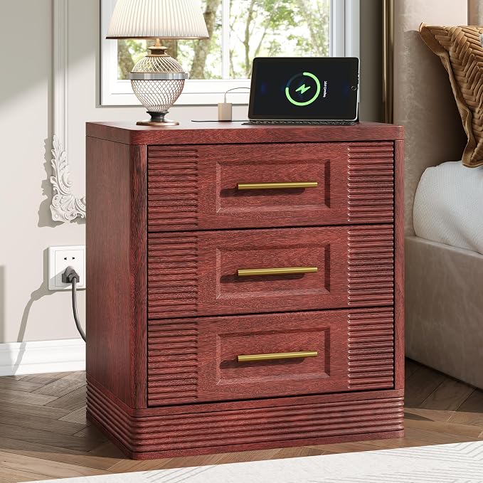 RECHHX 3 Drawer Dresser for Bedroom, 25.6" Tall Nightstand with Charging Station, Farmhouse 23.6" Wide End Table, Thermoformed Curved Small Chest of Drawers for Bedroom, Living Room, Walnut Cherry