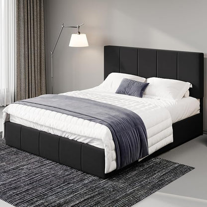 Allewie Full Size Dutch Velvet Upholstered Platform Bed Frame/Vertical Channel Tufted Adjustable Headboard/Low Profile Bed Frame/No Box Spring Needed/Easy Assembly/Black