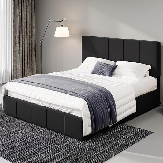 Allewie Full Size Dutch Velvet Upholstered Platform Bed Frame/Vertical Channel Tufted Adjustable Headboard/Low Profile Bed Frame/No Box Spring Needed/Easy Assembly/Black