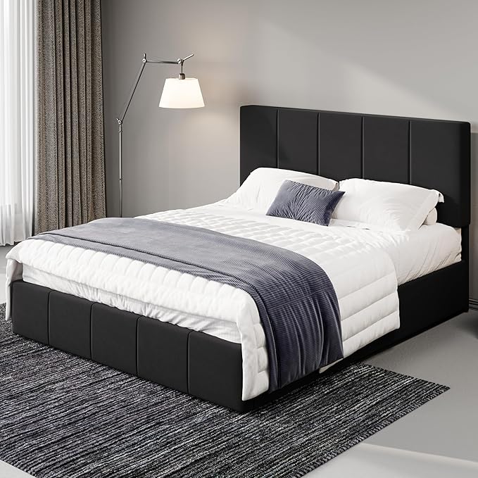 Allewie Queen Size Dutch Velvet Upholstered Platform Bed Frame/Vertical Channel Tufted Adjustable Headboard/Low Profile Bed Frame/No Box Spring Needed/Easy Assembly/Black