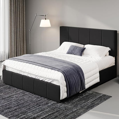 Allewie Queen Size Dutch Velvet Upholstered Platform Bed Frame/Vertical Channel Tufted Adjustable Headboard/Low Profile Bed Frame/No Box Spring Needed/Easy Assembly/Black