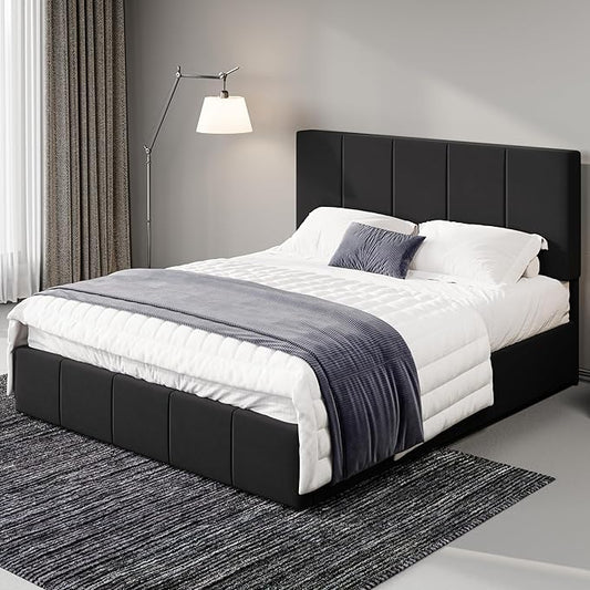 Allewie Queen Size Dutch Velvet Upholstered Platform Bed Frame/Vertical Channel Tufted Adjustable Headboard/Low Profile Bed Frame/No Box Spring Needed/Easy Assembly/Black
