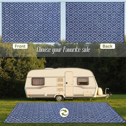 SAND MINE Reversible Mats, Plastic Straw Rug, Modern Area Rug, Large Floor Mat and Rug for Outdoors, RV, Patio, Backyard, Deck, Picnic, Beach, Trailer, Camping, Dark Blue & Grey, 10' x 14'