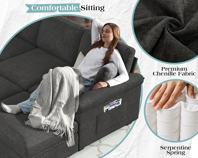 VanAcc 105" Sofa Bed, Sectional Sleeper Sofa with Pull Out Bed/Reclining Backrest, Sleeper Couch Bed with Storage, 6 Seater Couch Bed for Living Room, Chenille Dark Gray