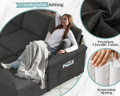 VanAcc 105" Sofa Bed, Sectional Sleeper Sofa with Pull Out Bed/Reclining Backrest, Sleeper Couch Bed with Storage, 6 Seater Couch Bed for Living Room, Chenille Dark Gray