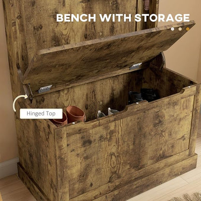 HOMCOM Hall Tree with Bench and Shoe Storage, 3-In-1 Entryway Bench with Coat Rack, 4 Hooks and Flip Top Storage Compartment, Rustic Brown