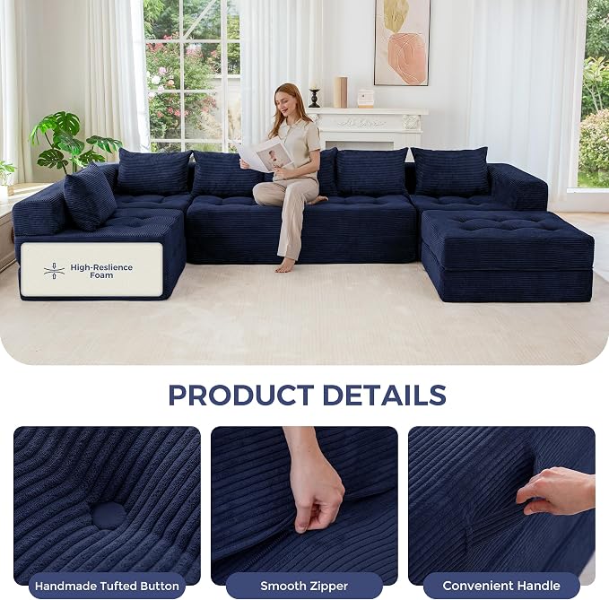 MAXYOYO Modular Sectional Sofa Couch, Foldable U Shaped Cloud Couch with Pillows, Tufted 7-Seat Boneless Lounger Floor Sofa Bed for Living Room, No Assembly Required, Navy