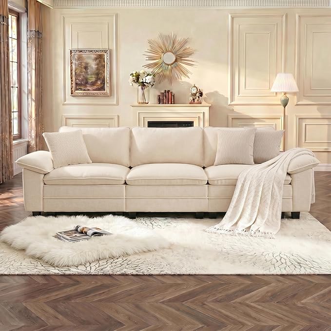 PHI VILLA Modern Modular Couches Sets, 123.6" Cloud Sectional Sofa with Upholstered Deep Seat, 3-Seater Couch for Living Room Small Spaces, Chenille Fabric, Beige