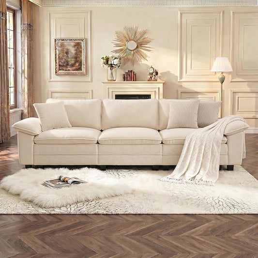PHI VILLA Modern Modular Couches Sets, 123.6" Cloud Sectional Sofa with Upholstered Deep Seat, 3-Seater Couch for Living Room Small Spaces, Chenille Fabric, Beige