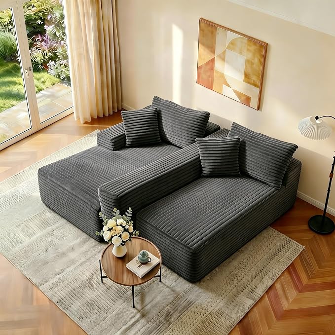 JINGLING 94" L Shape Couch with Left Chaise, Memory Foam Boneless Sectional Sofa in a Box, No Assembly Modular Small Couches for Small Spaces, Living Room, Apartments, Plush Corduroy, Dark Grey
