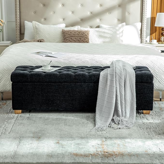 60.2" Storage Bench, End of Bed Storage Benches, Chenille Fabric Upholstered Ottoman Bench with Safety Hinge for Living Room Entryway Bedroom Hallway