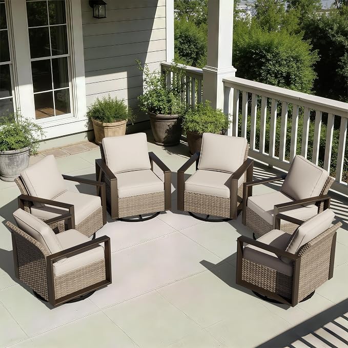 Joyside Outdoor Patio Swivel Rocker Chairs Set, 6 Pieces Wicker Rattan Chairs with Metal Wide Armrest, Thick Cushions and Deep Seating for Garden, Backyard, Porch, Deck