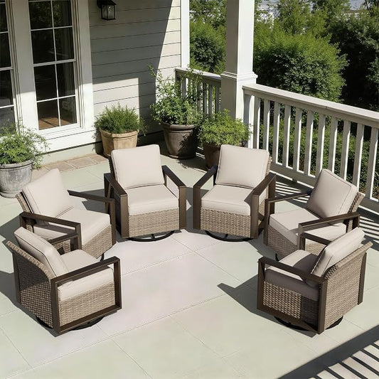Joyside Outdoor Patio Swivel Rocker Chairs Set, 6 Pieces Wicker Rattan Chairs with Metal Wide Armrest, Thick Cushions and Deep Seating for Garden, Backyard, Porch, Deck