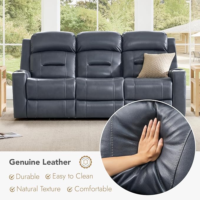 Watson & Whitely Genuine Leather Power Reclining Sofa, 3-Seater Lay Flat Recliner Sofa with Power Headrest, Cup Holders, USB & Type-C Ports, Electric Reclining Couch for Living Room, Navy Blue