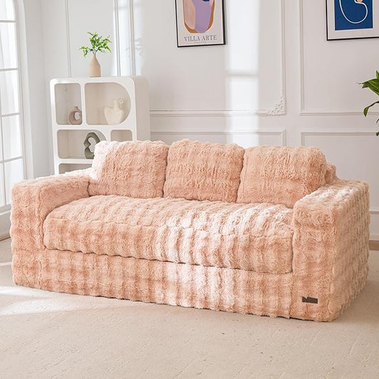 MAXYOYO 3 Seater Sofa for Living Room, Tufted Boneless Couch Bubbled Sofa Couch, Comfy Bean Bag Chair for Bedroom Apartment, No Assembly Needed, Pink