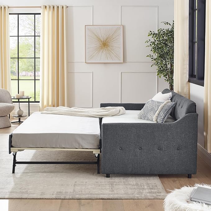 KEIKI Twin Size Upholstery Daybed with Trundle and USB Charging Design, Twin to King Design Mid-Century Extendable Sofa Bed, Easy Assembly, No Box Spring Required, for Living Room, Bedroom, Dark Grey