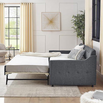 KEIKI Twin Size Upholstery Daybed with Trundle and USB Charging Design, Twin to King Design Mid-Century Extendable Sofa Bed, Easy Assembly, No Box Spring Required, for Living Room, Bedroom, Dark Grey