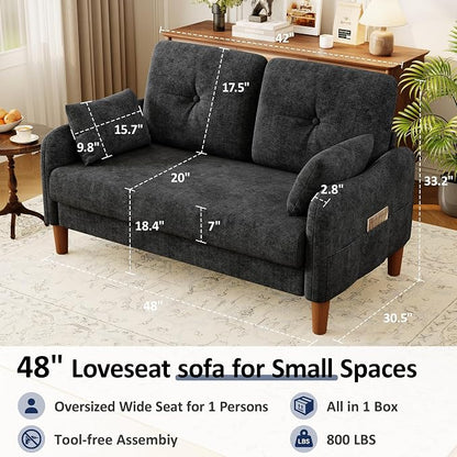 Vipbear 48" Loveseat Sofa,Modern Small Couches for Small Spaces,Black Chenille Love Seat Couch for Living Room,Bedroom,Apartment,Office,Deep Seat,Throw Pillow,Side Pockets,Curved Armrest