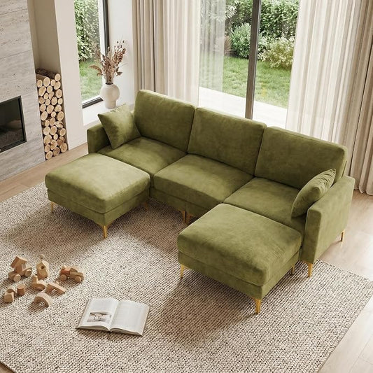 VINGLI 100" W U Shaped Couch with Ottoman, 22" Deep Seat Comfortable Sectional Couches for Living Room, 3 Seater Chenille Fabric Cloud Sofa for Apartment, Small Spaces, Bedroom, Green