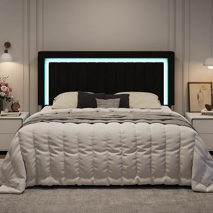 SHA CERLIN King Size Velvet Bed Frame with LED Light, Adjustable Vertical Channel Tufted Headboard, Strong Wooden Slats Support, Noise-Free, No Box Spring Needed, Black