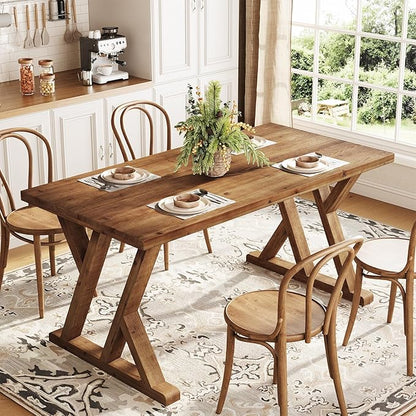 Solid Wood Dining Table for 4-6 People, 63 Inches Wooden Farmhouse Rectangular Kitchen Dinner Table with Heavy-Duty Legs for Home, Living Room, Dining Room, Rustic Brown