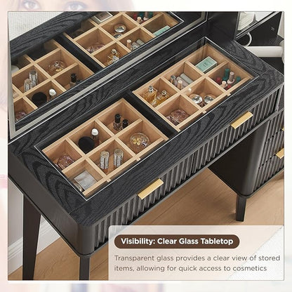 T4TREAM 48" Fluted Makeup Vanity Desk with Large 36" Mirror and Lights, Modern Glass Top Big Vanity Table w/5 Drawers & Adjustable Shelves, Dressing Table w/Charging Station for Bedroom, Black