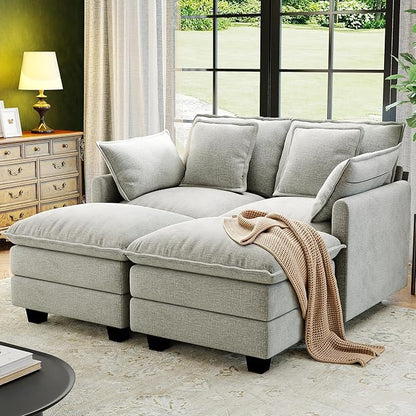 58" Cloud Couch Loveseat, Deep Seat Modular Sectional Sofa with 4 Removable Washable Pillows and 2 Ottoman for Living Room, Bedroom, Apartment, Light Grey