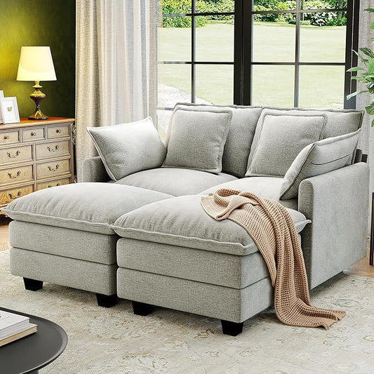 58" Cloud Couch Loveseat, Deep Seat Modular Sectional Sofa with 4 Removable Washable Pillows and 2 Ottoman for Living Room, Bedroom, Apartment, Light Grey