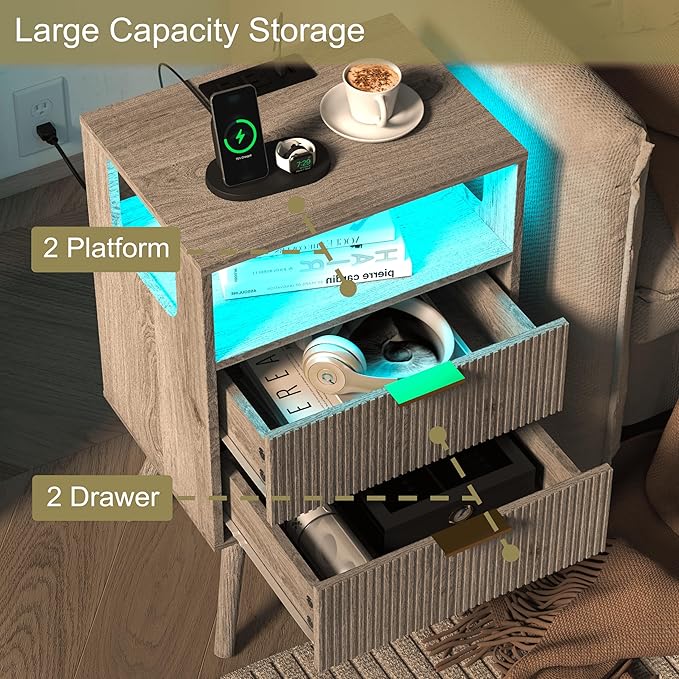 JOONEE Nightstand with Charging Station and LED Lights,Modern Bedside Table with 2 Storage Drawer and Open Wood Shelf, for Bedroom and Small Spaces,Night Stand with Solid Wood Legs,GreyOak