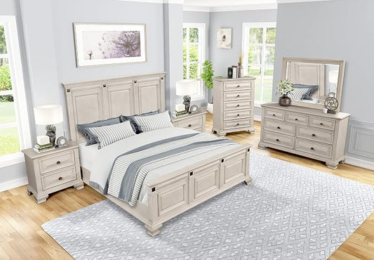 Renova Distressed Parchment Wood Bedroom Set, Panel Bed, Dresser, Mirror, Two Nightstands, Chest