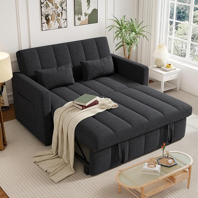 Nebuaegis Sleeper Sofa Bed,3-in-1 Convertible Pull Out Couch with Adjustable Backrest for Living Room,Loveseat Sofa Bed with Side Pockets,Easy Assembly,Dark Gray,1 PCS