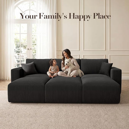Modular Sectional Sofa Bed with Chaise, 115" Memory Foam Cloud Couch, Boneless Corduroy Upholstered Floor Couch, No Assembly Required Living Room Furniture for Apartment Home, Black
