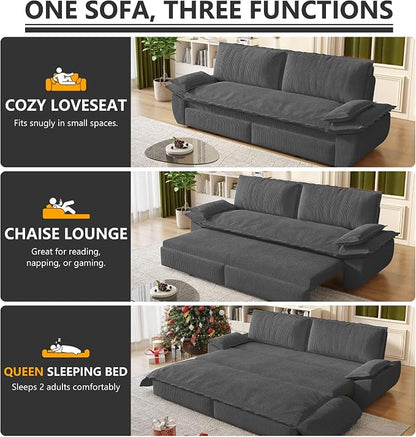 73.2" Sofa Bed Queen Size, Pull Out Couch Bed, 3-in-1 Convertible Sleeper Sofa with Cushion Armrest, Modern Corduroy Futon Couch for Living Room, Small Space, Apartment, Bedroom, Dark Grey