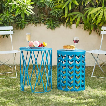 Nesting Side Table Set of 3 Decorative Round Garden Stools for Indoor Outdoor Heavy Duty Metal Frame Side Table Nightstands Modern End Table Plant Stand, Blue