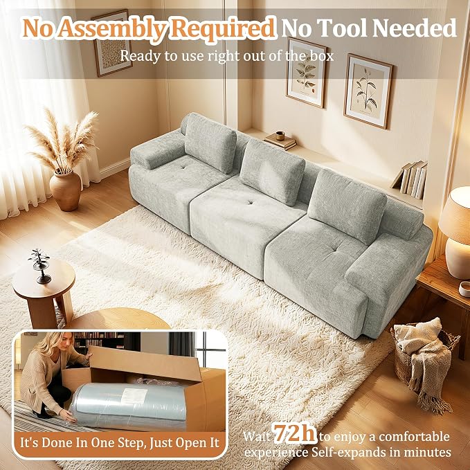 122" Oversized Boneless Couch, Comfort Cloud Sectional Couches for Living Room, Modular Sofa High Back & Extra Deep Seat, No Assembly, Soft Chenille Fabric (Light Grey, 122 inch-（3+0）)