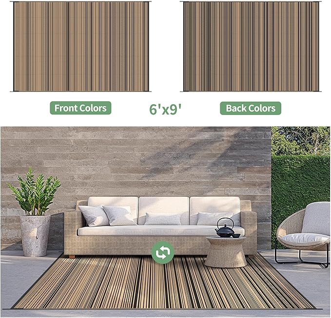 GENIMO Outdoor Rug for Patio Clearance, 6'x9' Reversible Plastic Straw Rugs, Lightweight Waterproof RV Camping Mat for Camper, Balcony, Deck, Backyard, Picnic, BlackBrown