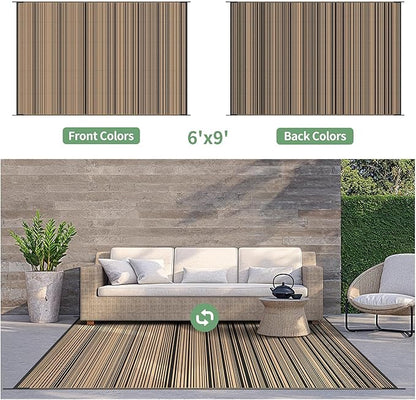 GENIMO Outdoor Rug for Patio Clearance, 6'x9' Reversible Plastic Straw Rugs, Lightweight Waterproof RV Camping Mat for Camper, Balcony, Deck, Backyard, Picnic, BlackBrown