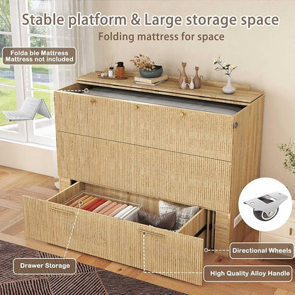 Full Size Murphy Bed Cabinet: Modern Murphy Bed Full Oak, Natural Wood Hidden Beds Cabinet with Charging Station, Contemporary Hideaway Beds for Apartments (Oak-Fluted)