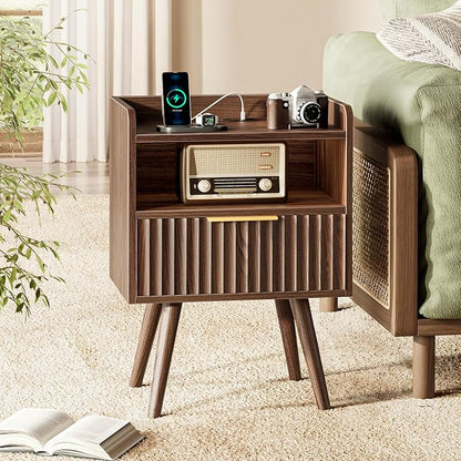 Huuger Nightstand with Charging Station, USB-C Port, Fluted Night Stand with Drawer, Bed Side Table with Solid Wood Feet, Open Storage, End Table with Raised Edge, for Bedroom, Walnut