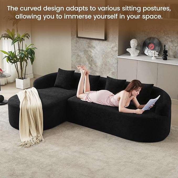 105" Boneless L Shaped Sectional Couch, Curved Cloud Deep Seat Sofa with Chaise Lounge, Oversized 4 Seater Couches for Living Room, No Assembly, Chenille Black