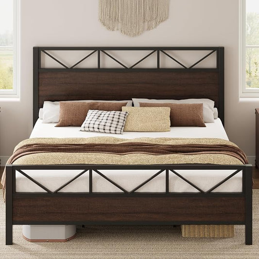 LIKIMIO California King Bed Frame, Tall Industrial Headboard 51.1 ", Platform Bed Frame with Strong Metal Support, Solid and Stable, Noise Free, No Box Spring Needed, Easy Assembly, Dark Brown