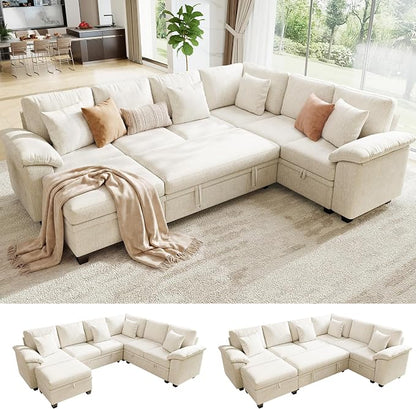 107.8" Modular Sectional Sleeper Sofa with Pull Out Bed, U Shaped 7 Seat Couch with 221L Storage, Convertible Cloud Couch Bed with Ottoman, Sectional Couches for Living Room, Apartment (Beige)